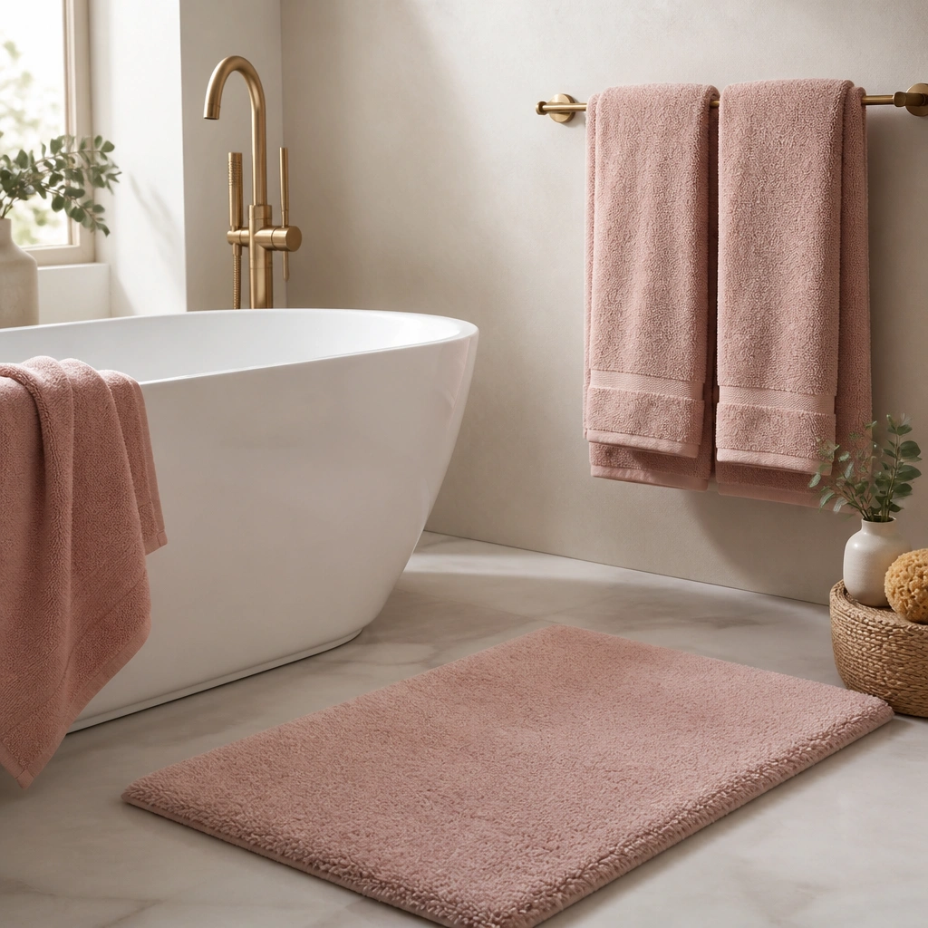 A plush blush-pink bath mat at the tub edge and two coordinated blush hand towels on a wall bar; the towels have visible texture but no heavy pattern.