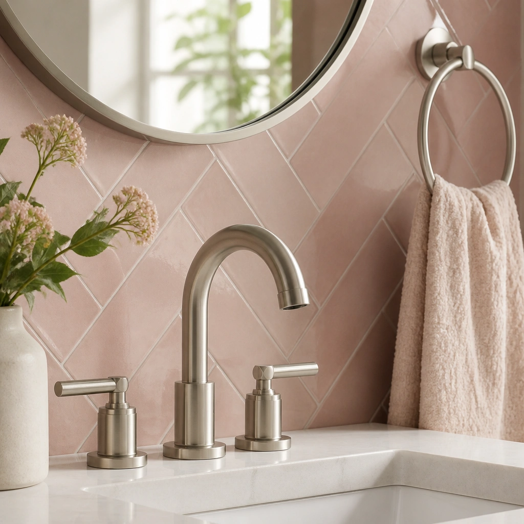 A vanity faucet and towel ring in brushed nickel with a soft rose-pink backsplash tile behind; the metal finish looks matte and even.
