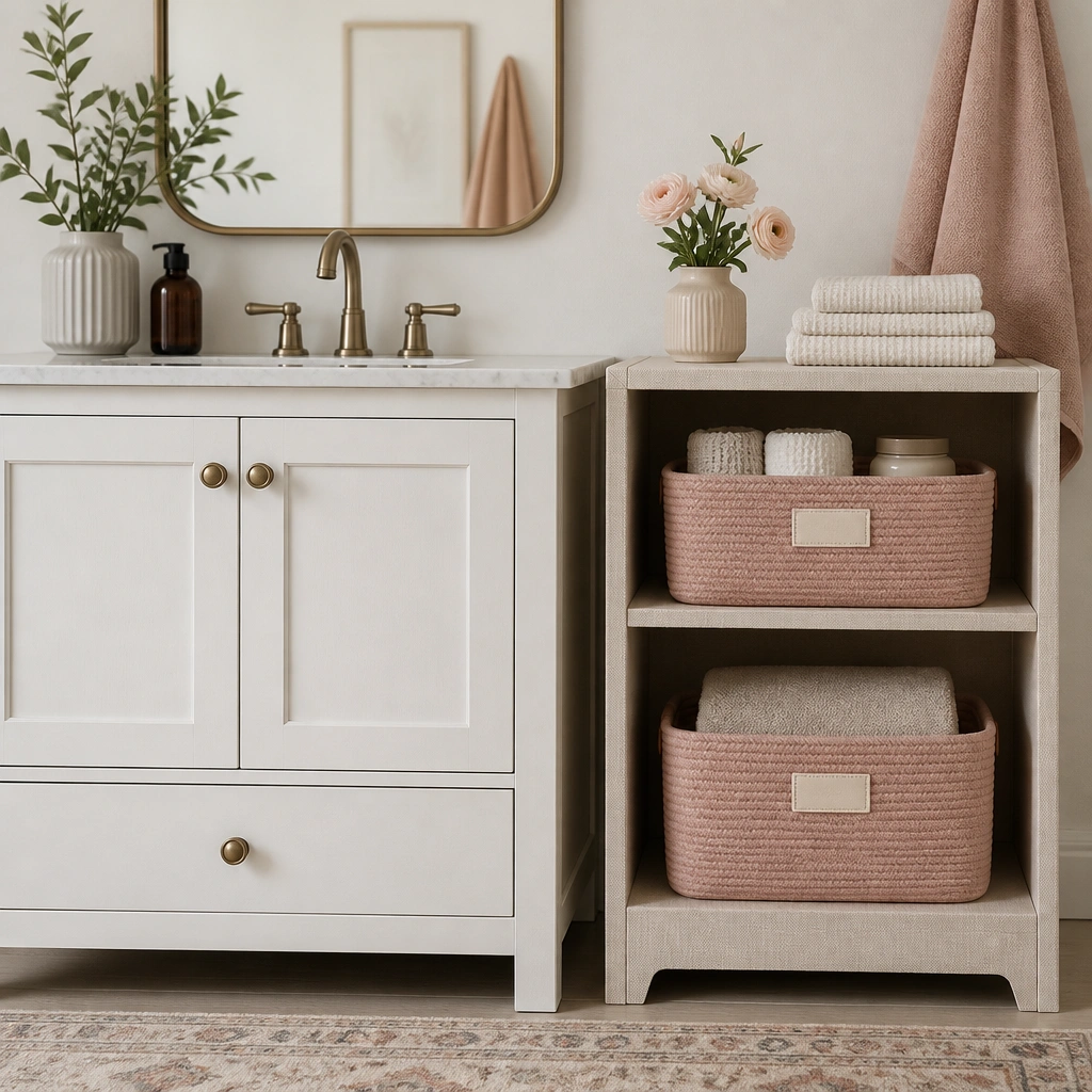 A bathroom vanity with a closed cabinet, plus two blush-pink baskets inside a linen-style shelf; label stickers are visible on the fronts.