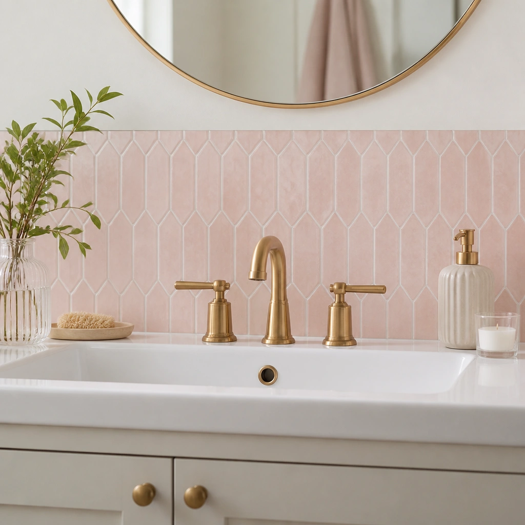A small backsplash area behind a white sink covered in a subtle pink tile-pattern peel-and-stick sheet; the surface looks smooth and sealed.
