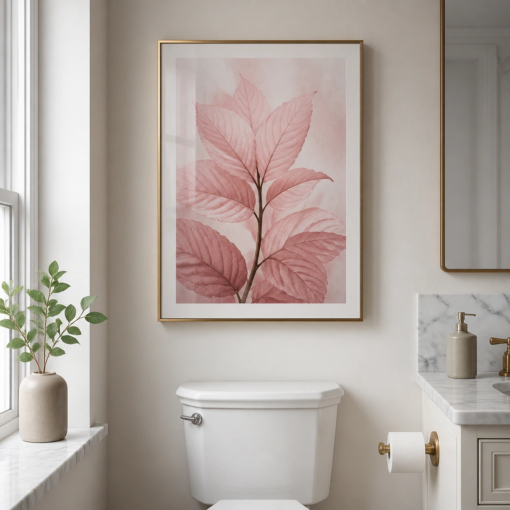 A framed pink botanical print with a sealed frame and glass, hung above the toilet; the frame has a tight border and polished look.