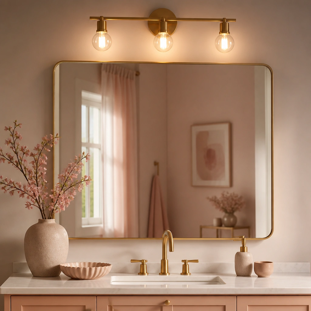 A vanity light with warm bulbs over a mirror, reflecting soft blush tones; the mirror has a simple thin frame.
