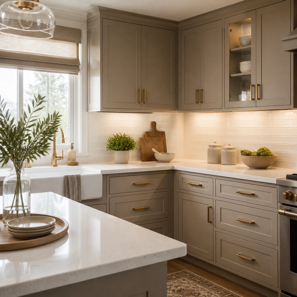 A bright kitchen with warm greige shaker cabinets, soft white quartz-style countertops with subtle speckles, a white tile backsplash, and brushed brass cabinet pulls; warm under-cabinet lighting glows across the counters.
