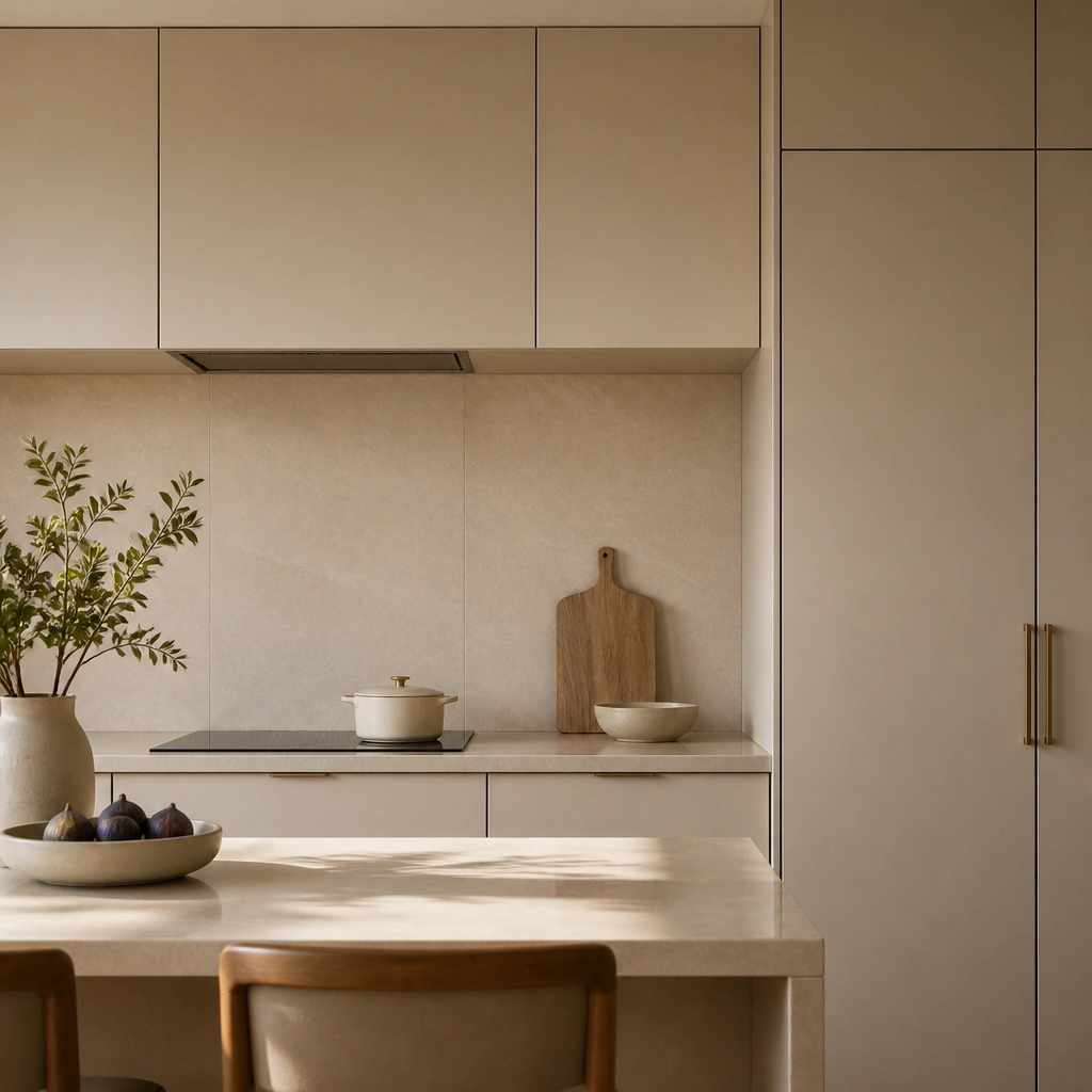 A sleek beige kitchen where the backsplash runs nearly to the upper cabinets, showing large-format cream tiles with very thin grout lines; beige cabinet doors and a tall pantry panel create a continuous, calm backdrop.
