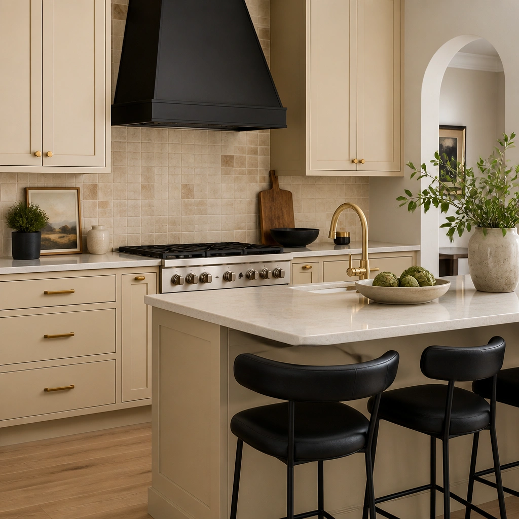 A beige kitchen with brass cabinet pulls and faucet, paired with a matte black range hood and black bar stools; the countertop is light cream with a warm backsplash, creating a crisp contrast.