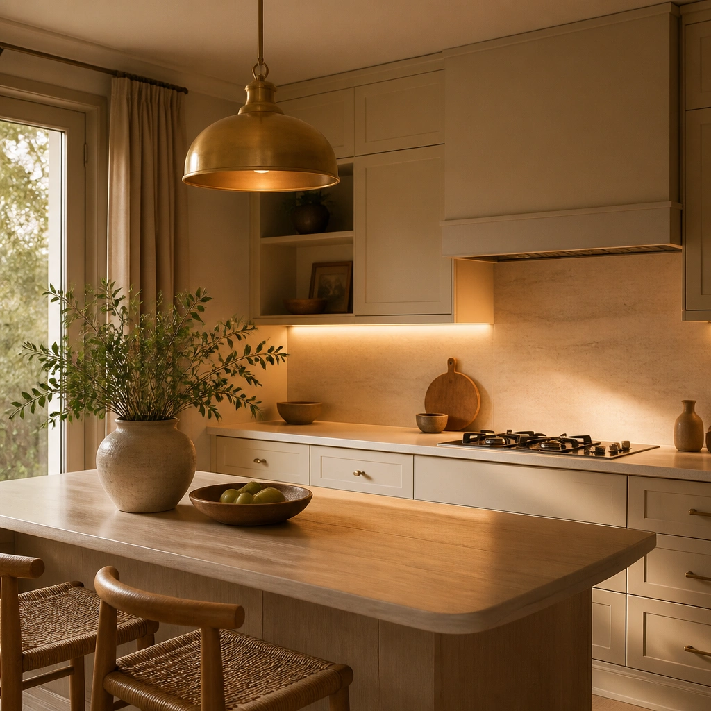 A cozy beige kitchen with warm under-cabinet LED strips lighting the backsplash, plus a brass pendant over a light wood island; the room has soft shadows and an inviting, hotel-like ambience.