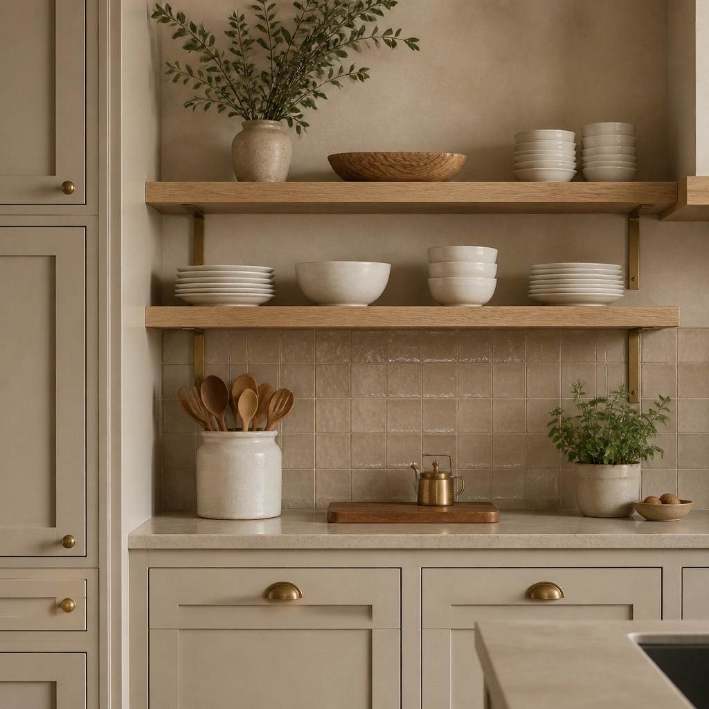 Open shelving in a beige kitchen with matte-beige cabinet surround, stacked white dishes, and floating shelves in light oak; brass brackets and a warm-toned backsplash keep it cohesive.