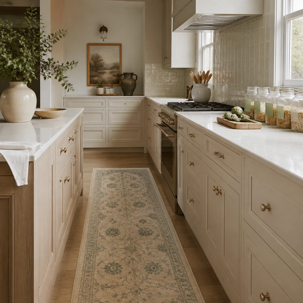 A beige kitchen with a cream backsplash that includes faint sage undertones, a small runner in warm beige with a muted green pattern, and glass jars with green labels on the counter.