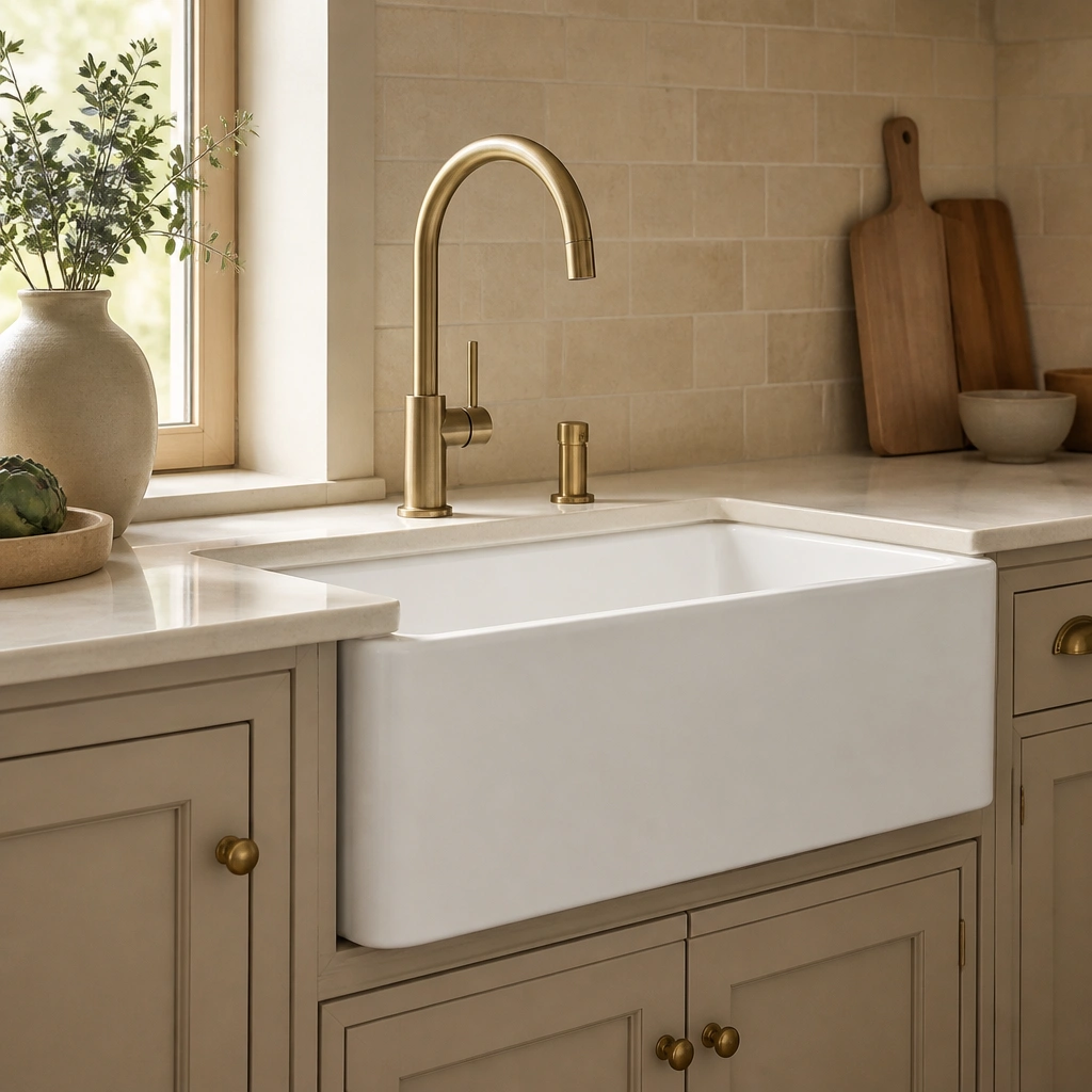 An apron-front farmhouse sink in matte white set into a warm beige kitchen with a beige backsplash and brushed brass faucet; the countertop is light cream with a smooth, polished look.