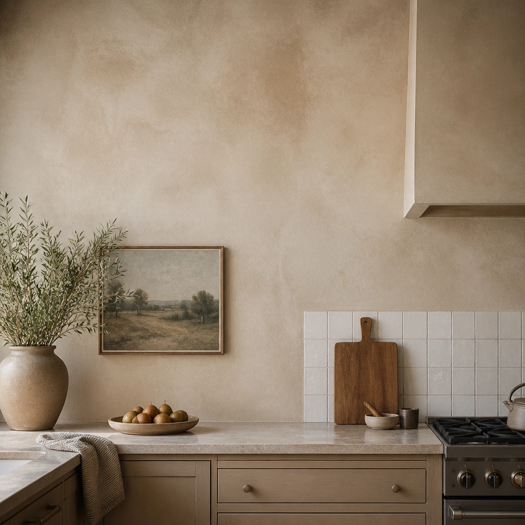 A beige kitchen wall with a plaster or limewash texture, visible subtle variation and soft mottling; cabinetry is light warm beige, and the backsplash is simple white tile.