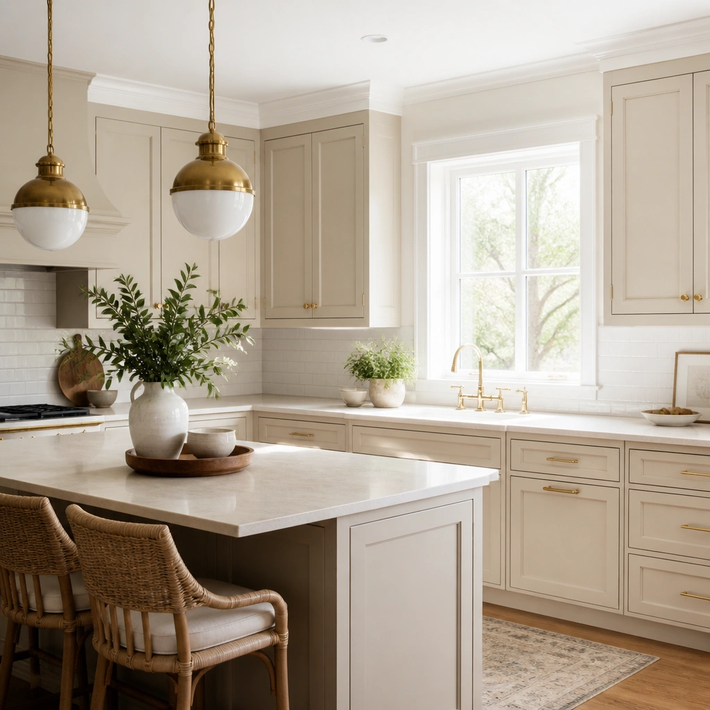 Beige kitchen cabinets with crisp white crown molding and white trim around a window; the backsplash is white, counters are warm cream, and brass lighting fixtures sit above.