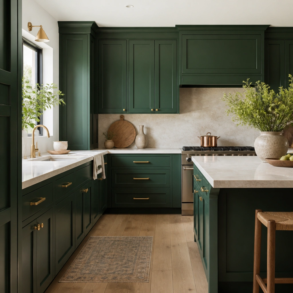Kitchen with classic shaker-style cabinets painted a rich emerald green, doors have simple recessed panels, satin sheen reflects light softly, gold-toned pulls and knobs, light oak floor, bright white ceiling, and a cream stone countertop.