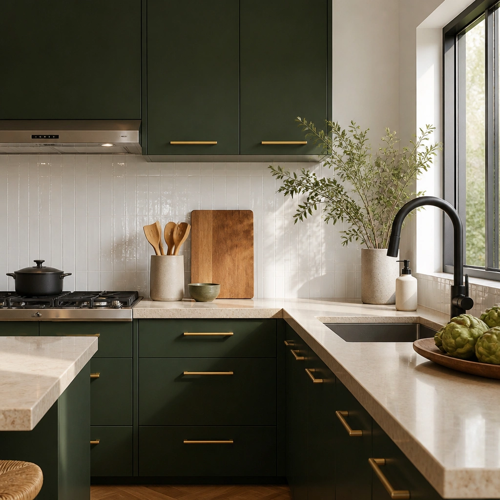 Modern kitchen with flat-panel, handle-ready cabinets in deep forest green, brushed brass bar pulls run horizontally, glossy white backsplash tile, black matte faucet, and a warm beige countertop with subtle speckling.