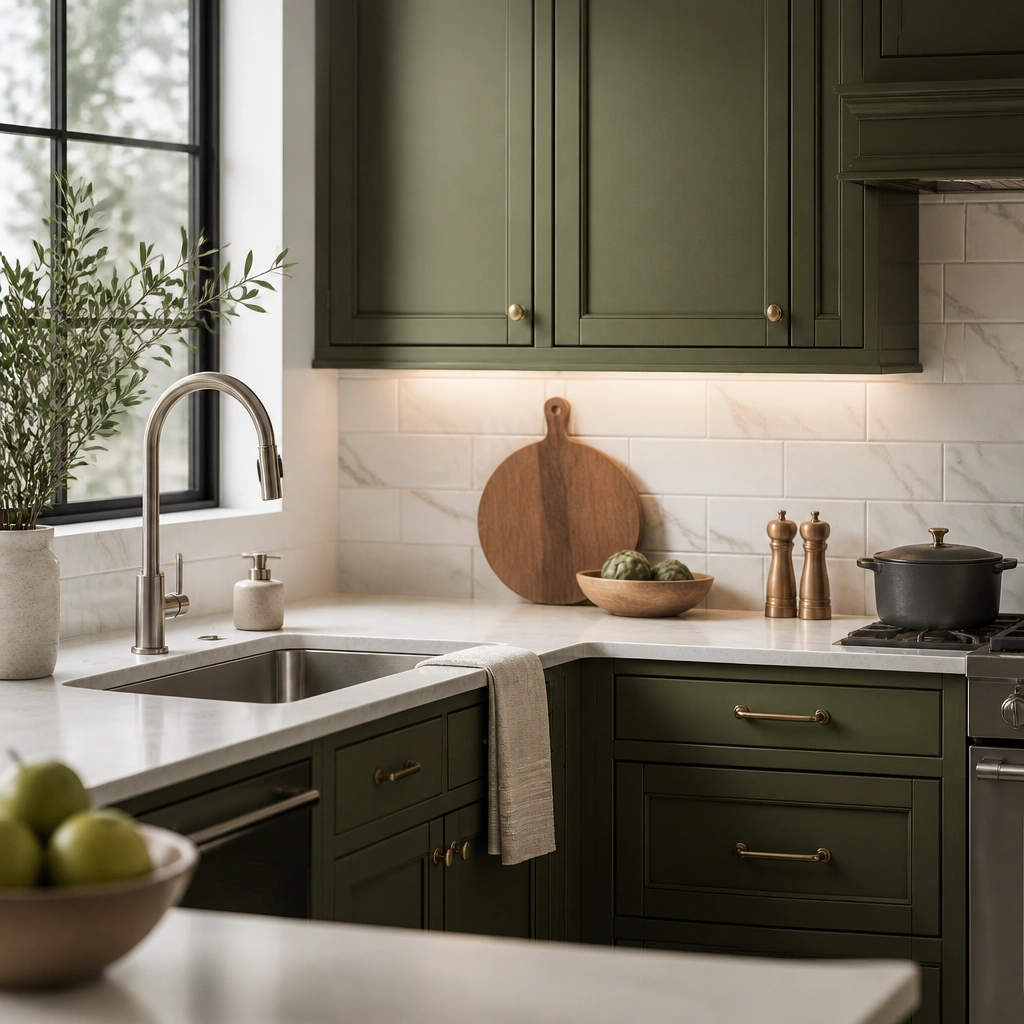 Kitchen cabinetry in deep olive green with raised center panels, paired with white quartz countertops, a backsplash of white subway tile with faint gray veining, warm under-cabinet lighting, and a stainless sink with a high-arc faucet.