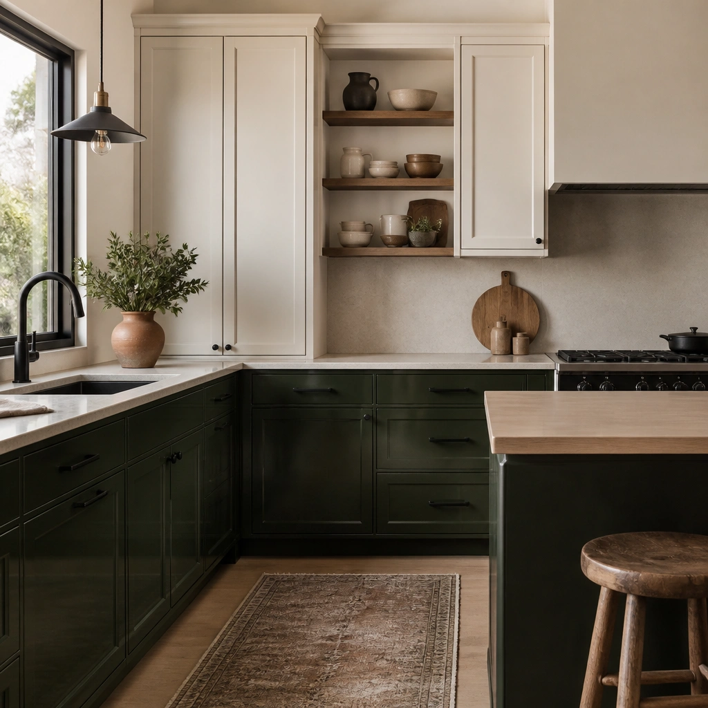 Kitchen with dark green cabinets on the bottom and cream cabinets on top, dark green doors are slightly glossy, the upper cabinets have simple crown molding, matte black hardware, and open shelving showing small neutral ceramics.