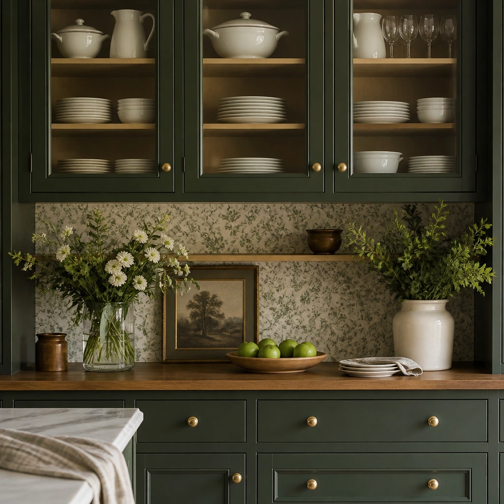 Traditional kitchen with dark green cabinets, upper glass-front doors show neatly arranged white dishes, interior shelves are visible, brass knobs on the wood frames, and a soft patterned wallpaper behind the open shelving area.