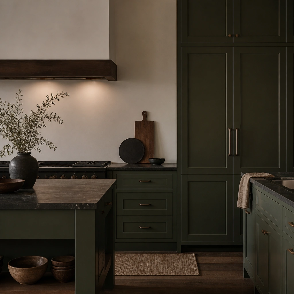 Moody kitchen with matte dark green cabinets, minimal gaps around doors, oil-rubbed bronze pulls and knobs, dark wood accents, and a soft off-white wall with warm recessed lighting.