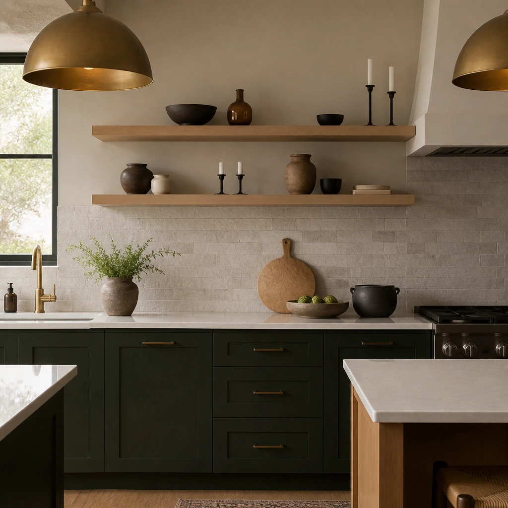 Kitchen with dark green base cabinets, above-counter white oak floating shelves, small black candle holders and ceramic jars on the shelves, warm pendant lighting, and a light stone backsplash.