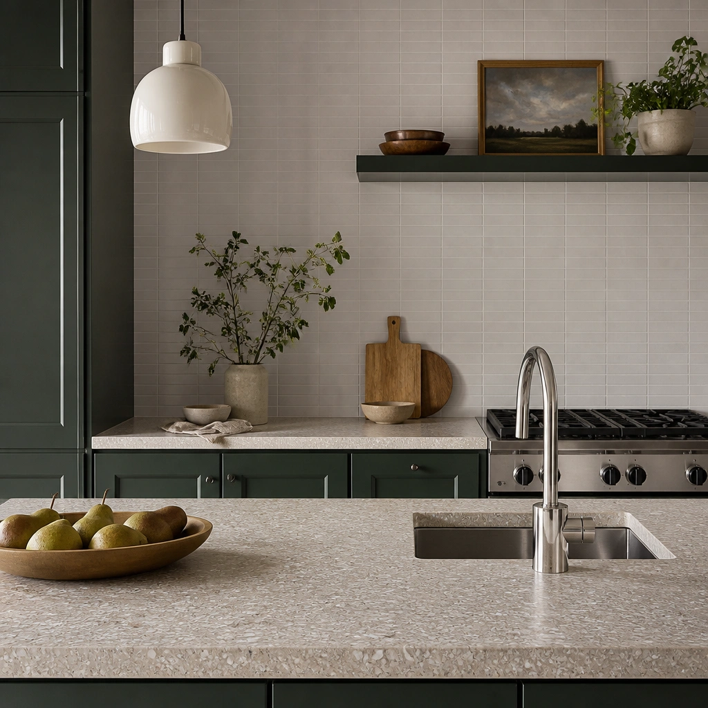 Kitchen with dark green cabinets and a light terrazzo countertop featuring small white, beige, and gray flecks, chrome-silver faucet, and pale gray backsplash with minimal grout lines.