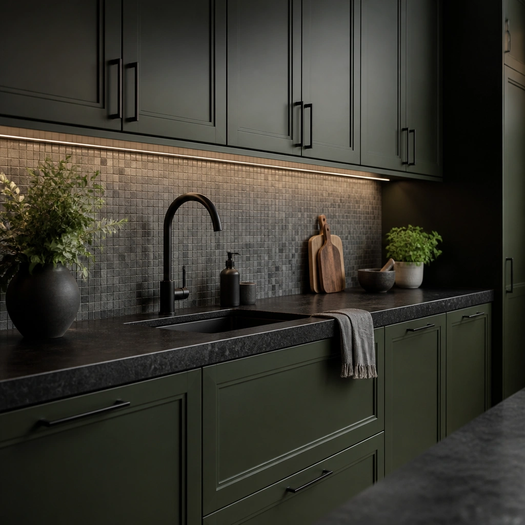 High-contrast kitchen with dark green cabinets, near-black countertop, black matte faucet, and a backsplash of small gray mosaic tiles, with warm lights under cabinets.