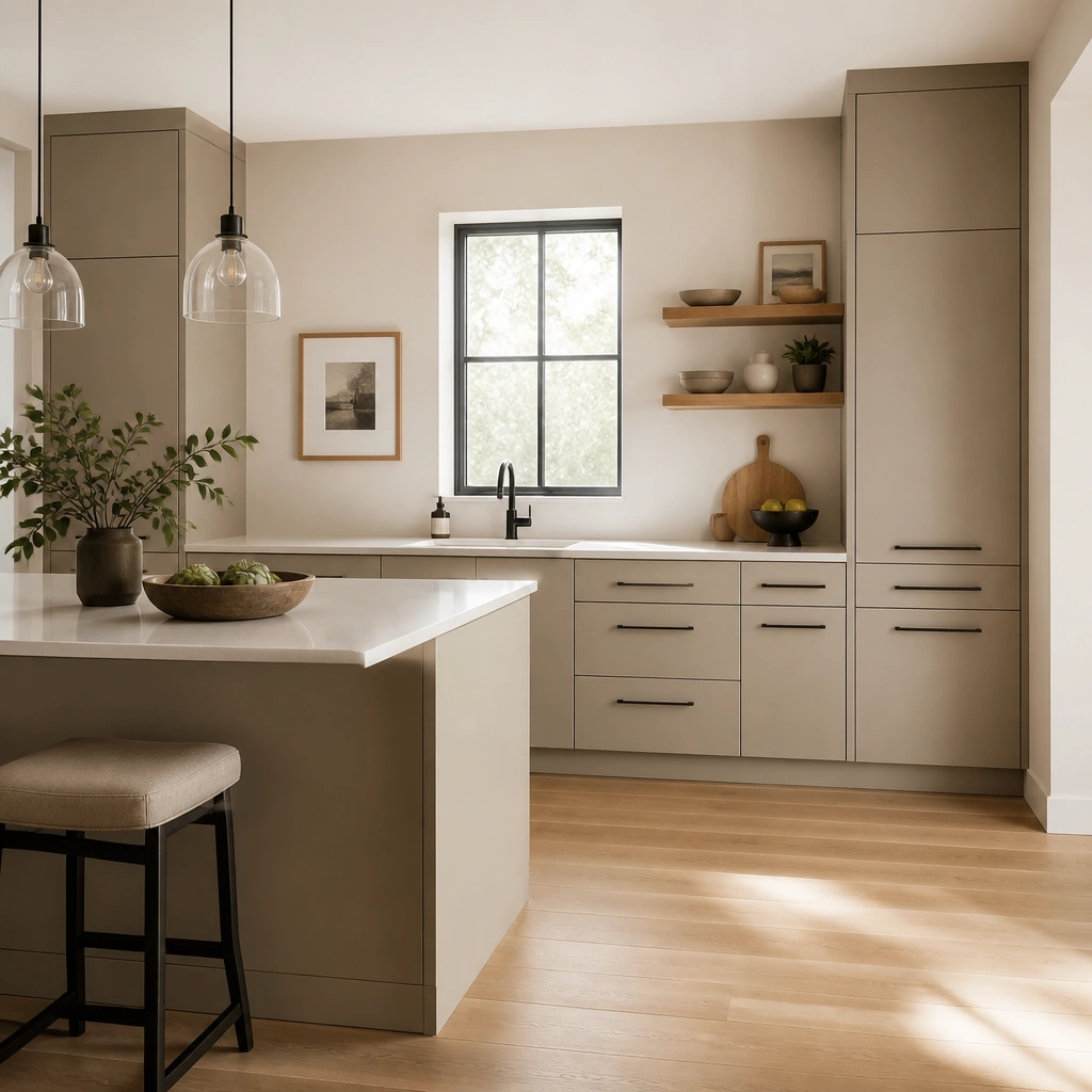 Kitchen with warm greige flat-front cabinets, matte black bar pulls, and a light oak floor. Beige walls and a simple white countertop keep the scene clean.