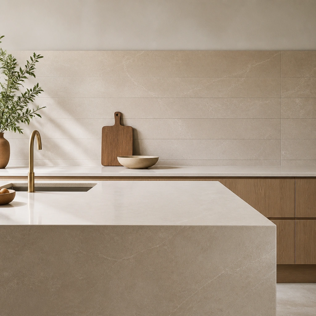 Minimal kitchen showing a waterfall-edge beige quartz countertop and a matching beige tile backsplash with subtle veining. The backsplash lines up horizontally with clean grout spacing.