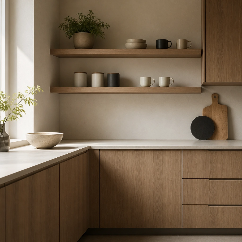 Small modern kitchen corner with two slim open shelves in light oak holding minimal mugs and a canister set. Everything else is closed cabinetry below.
