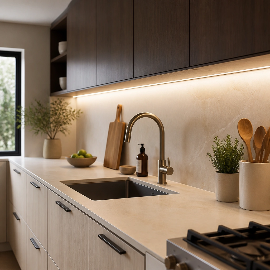 Modern kitchen with bright, even under-cabinet LED strips lighting a light beige countertop. Overhead lighting is minimal and the counters look evenly illuminated.