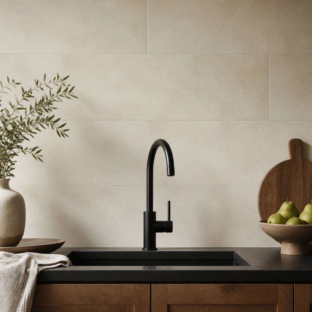 Backsplash of large matte porcelain rectangles in creamy beige with very thin grout lines. The backsplash runs straight behind a simple black faucet and sink.
