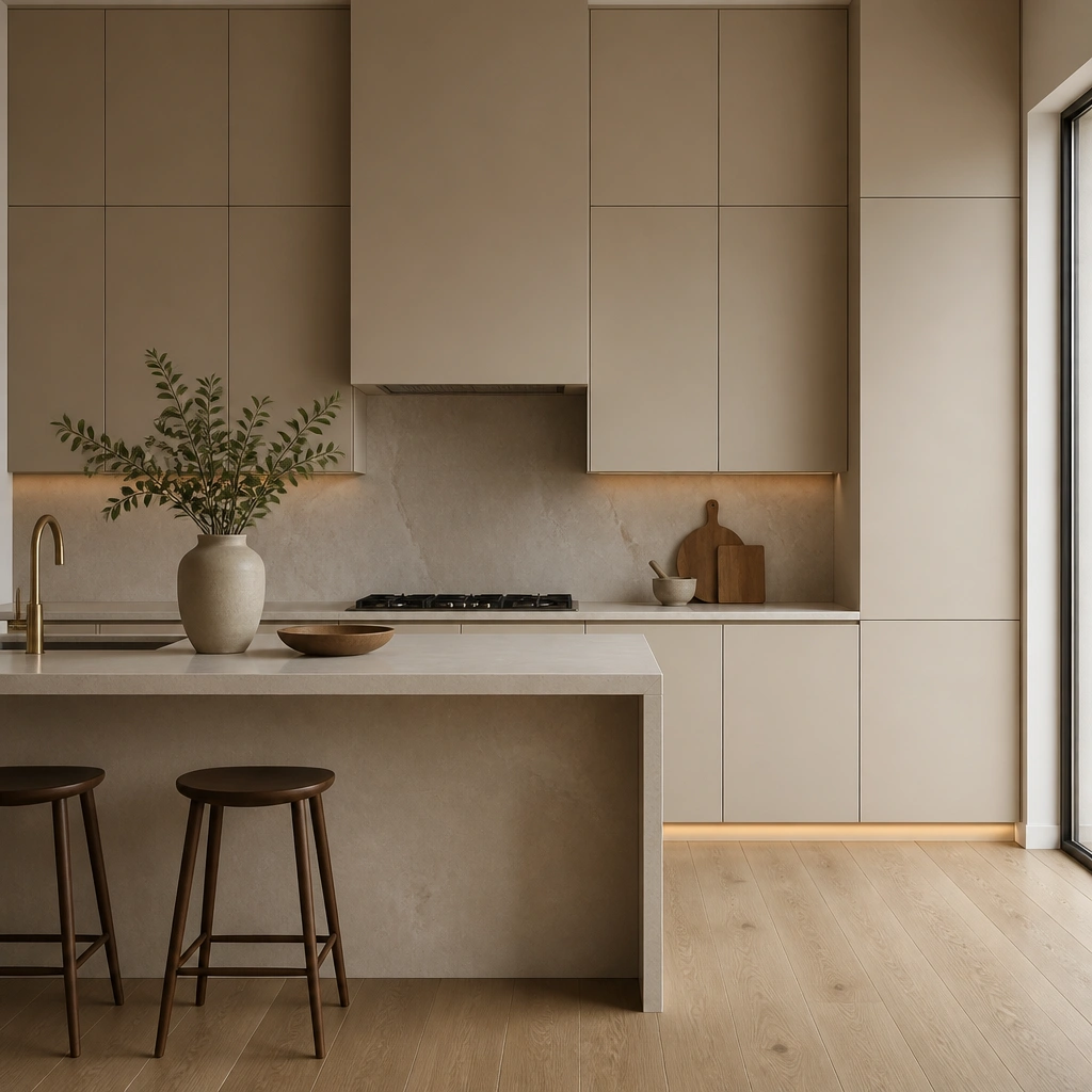 Kitchen with ceiling-height beige cabinets, seamless doors, and a subtle recessed toe-kick LED glow along the floor line. A minimal range hood sits centered.