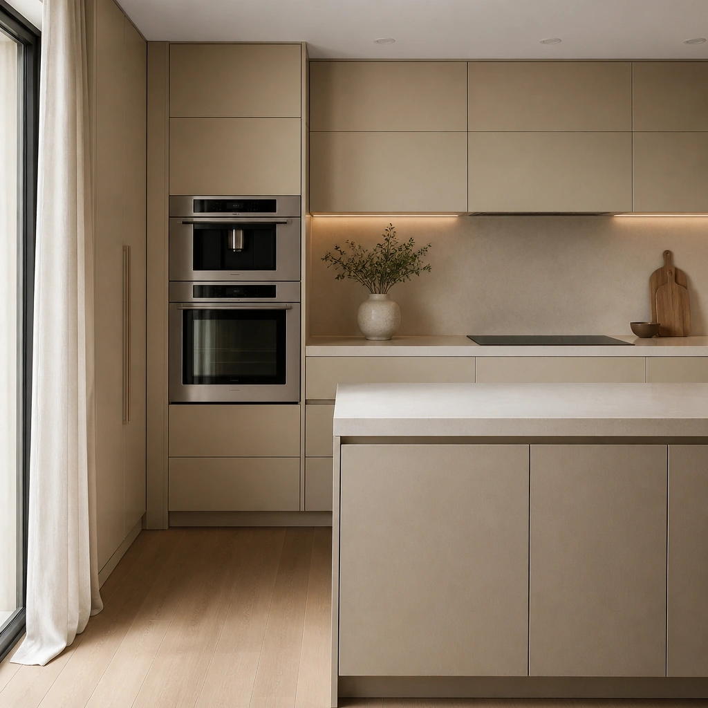 Modern beige kitchen with stainless appliances blended into the cabinetry using matching panels and streamlined integrated handles. The countertop stays mostly clear.