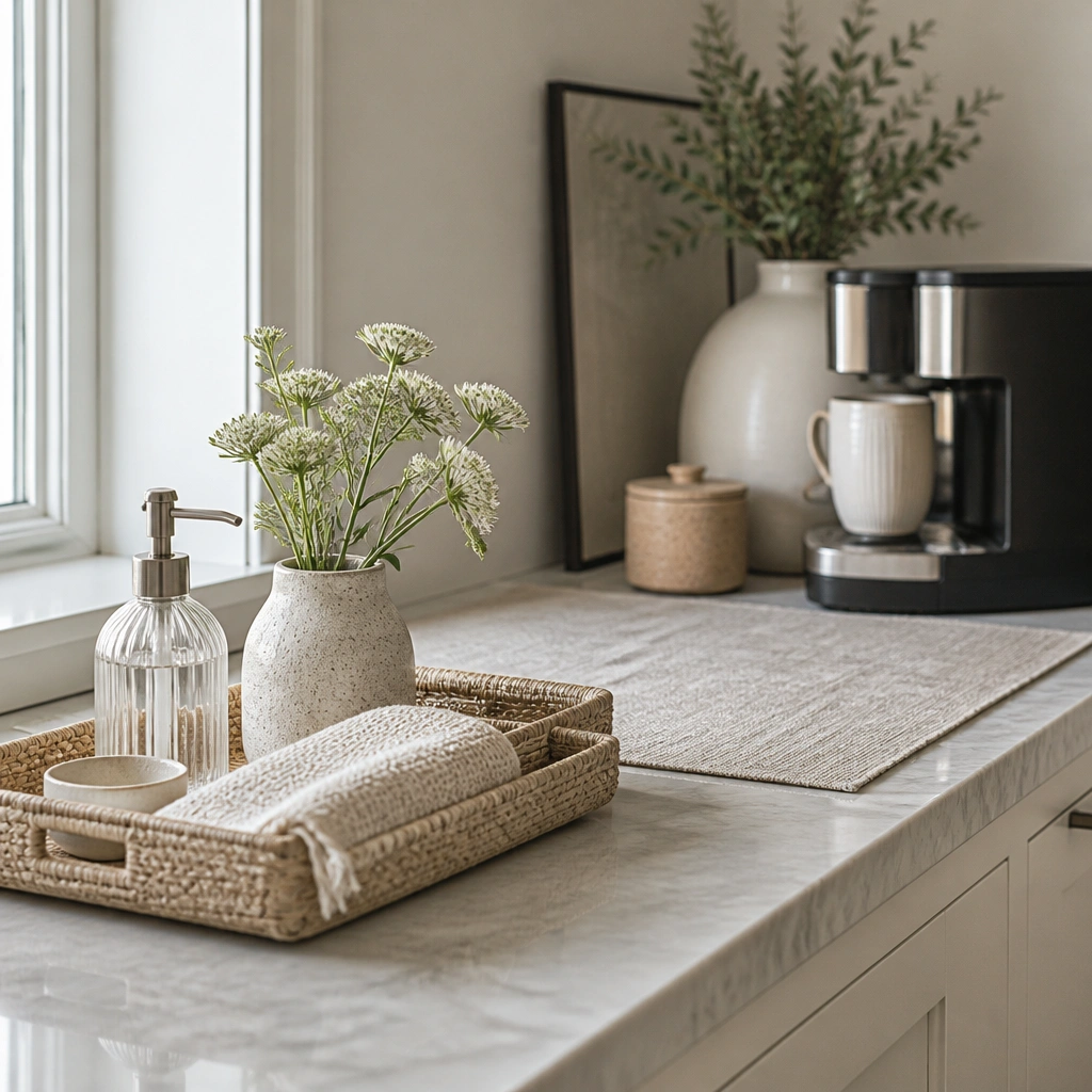 Countertop styled with a woven beige tray holding a soap dispenser and small items. A neutral linen runner sits under a coffee station area.