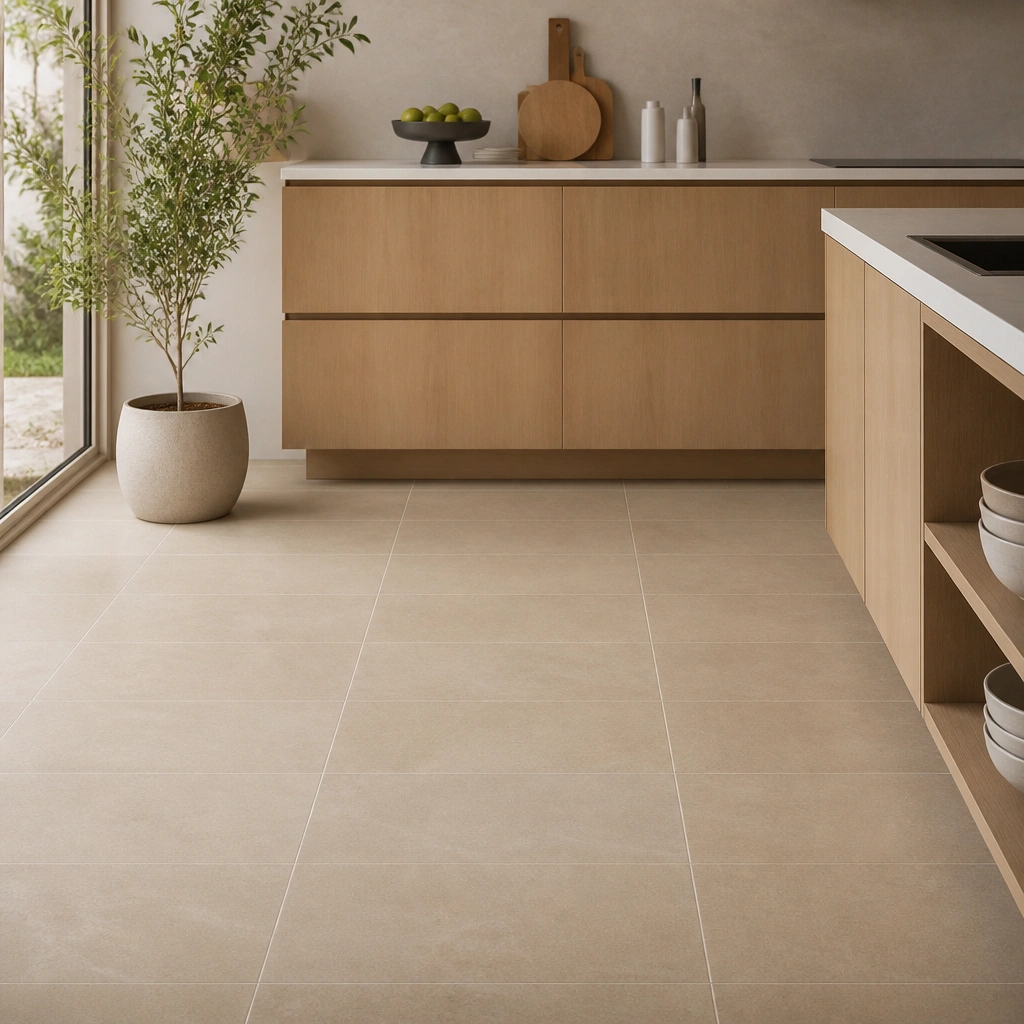 Kitchen floor with matte beige tiles laid straight (not diagonal). The grout is light and consistent, and the cabinets appear to float visually above.
