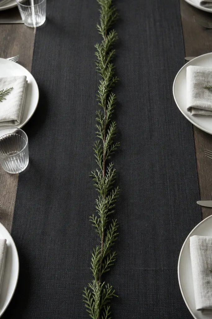Charcoal table runner with one narrow evergreen strip down the center