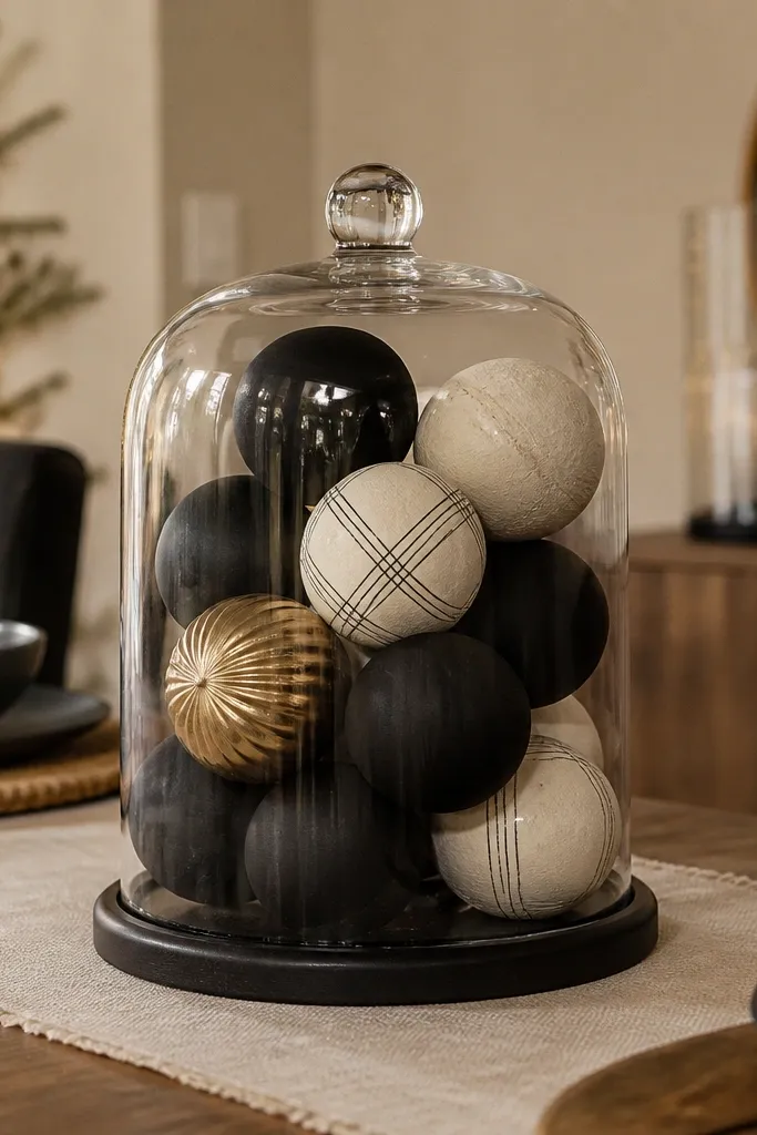 Tall clear glass cloche holding matte ornaments and a few greenery tips