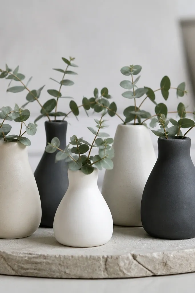 Three small monochrome ceramic vases with minimal greenery on a table