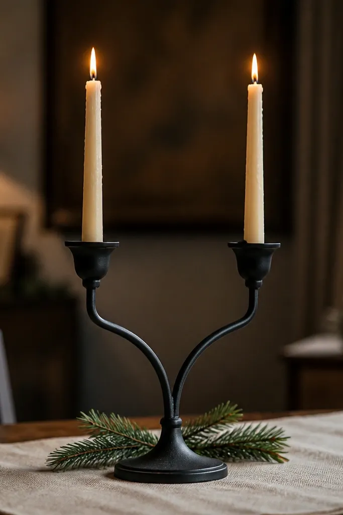 Matte black candle stand holding cream tapers with a few green leaves