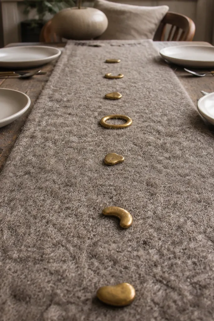 Neutral wool table runner with a few brass ornaments spaced along the center