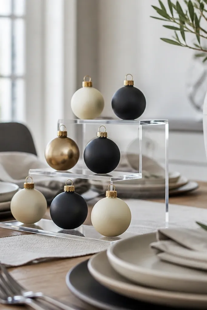 Clear acrylic risers holding small black and cream baubles