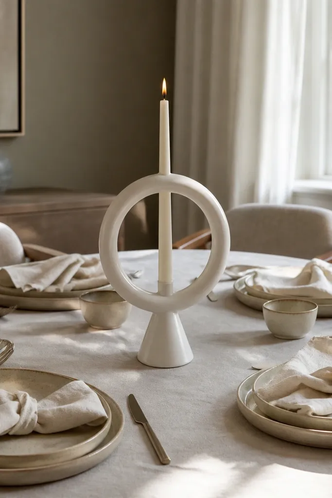 White ceramic wreath ring centered on the table with one candle in the middle