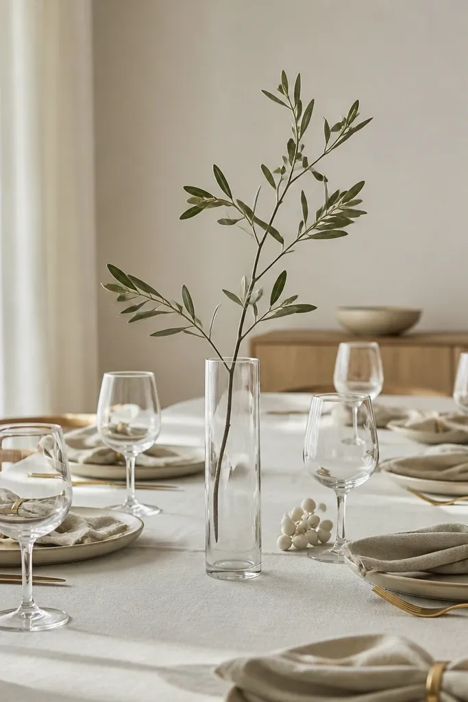 Tall narrow vase with one olive branch and a couple cream ornaments