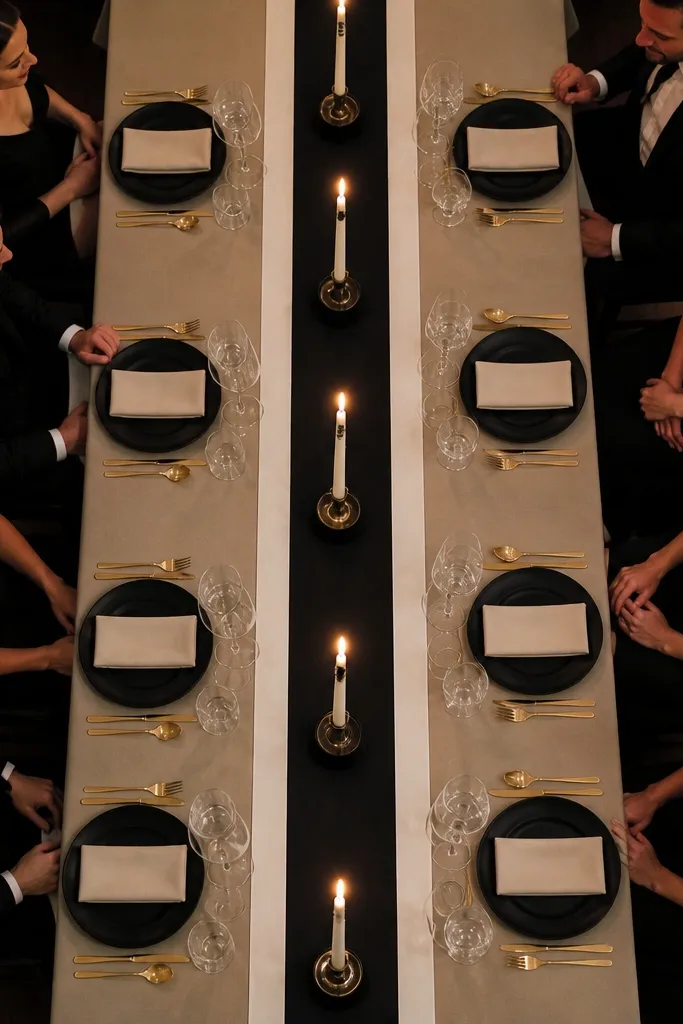Black-and-cream ribbon runner centered with small candles at intervals