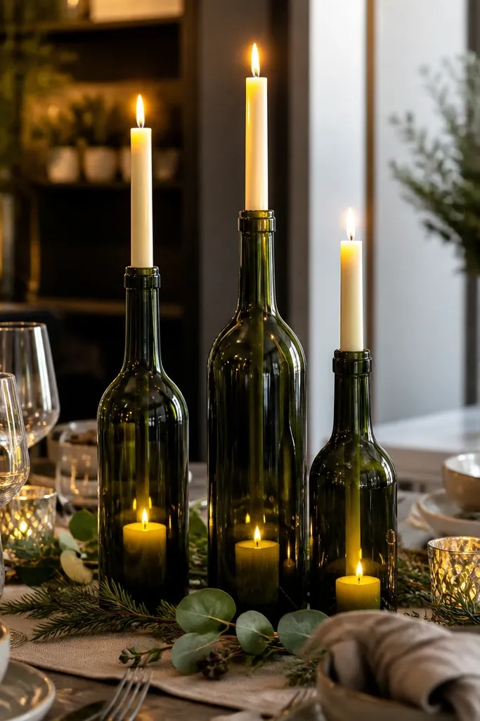 Three deep green glass bottles grouped with cream candles and small sprigs