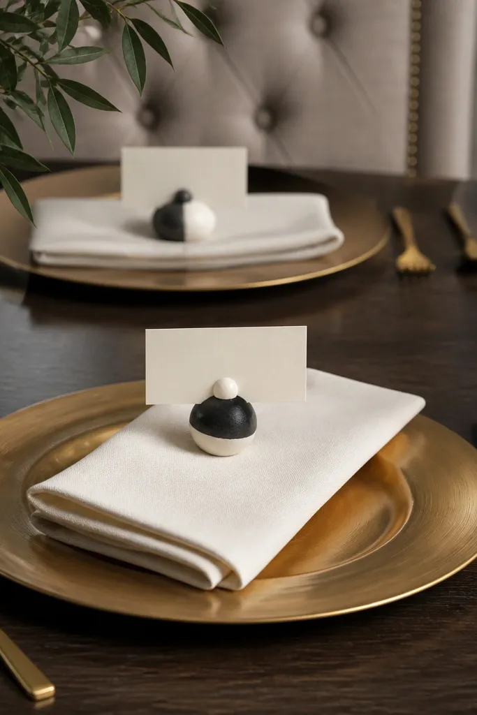 Small matte ornaments used as place card holders on a minimalist table