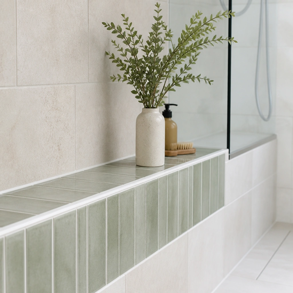 A narrow shower ledge edged with small rectangular sage-green peel-and-stick tile, crisp white caulk lines, and a frameless glass panel in a bright bathroom.