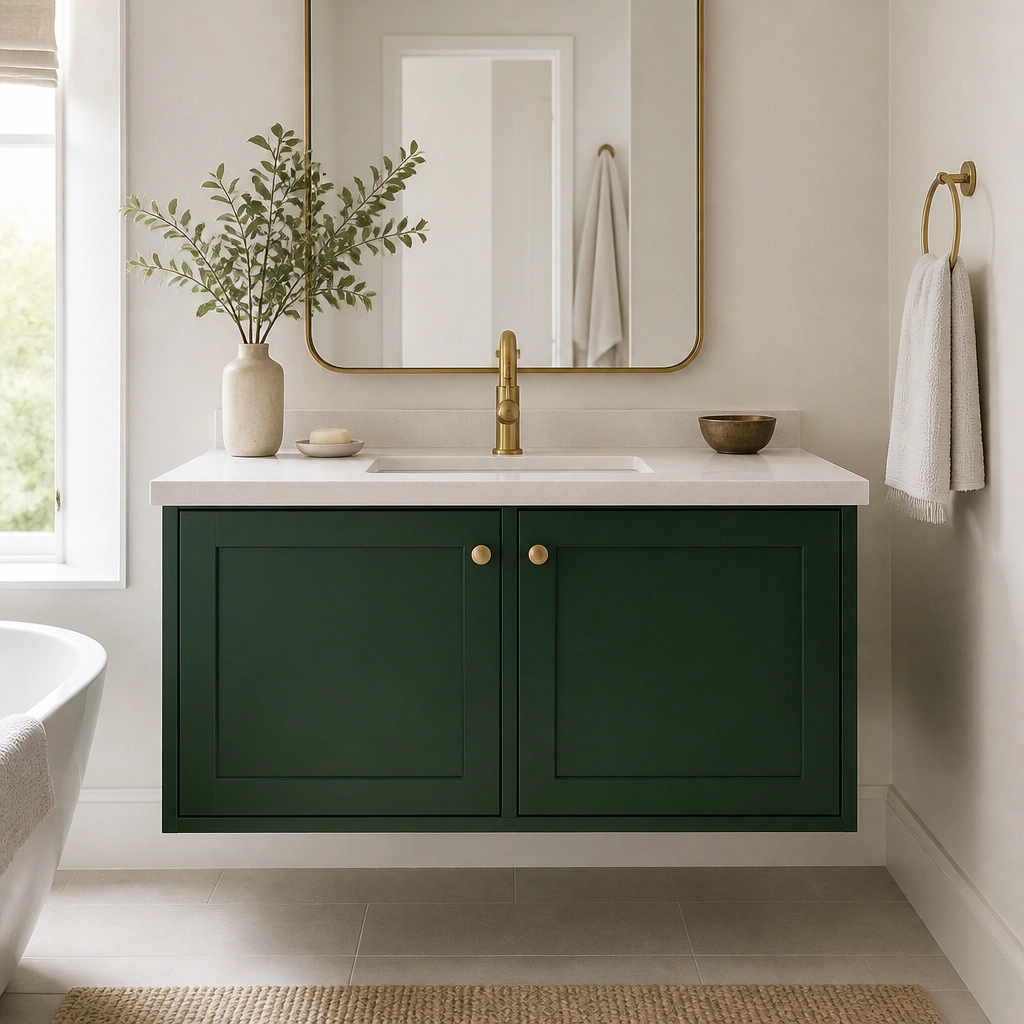A floating bathroom vanity painted deep emerald green with simple shaker-style doors, a white quartz countertop, and a single brushed-brass faucet.