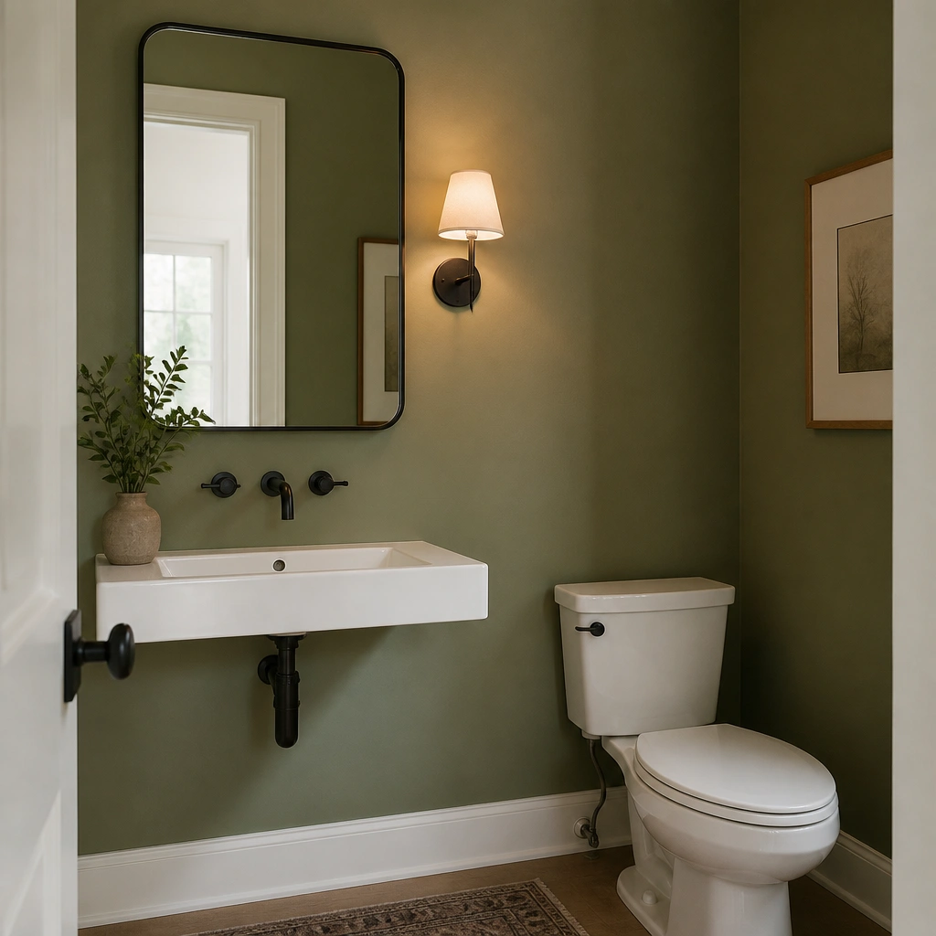 A minimalist powder room with matte muted-green walls, white trim, a simple wall mirror, and a small wall sconce in a warm, even light.