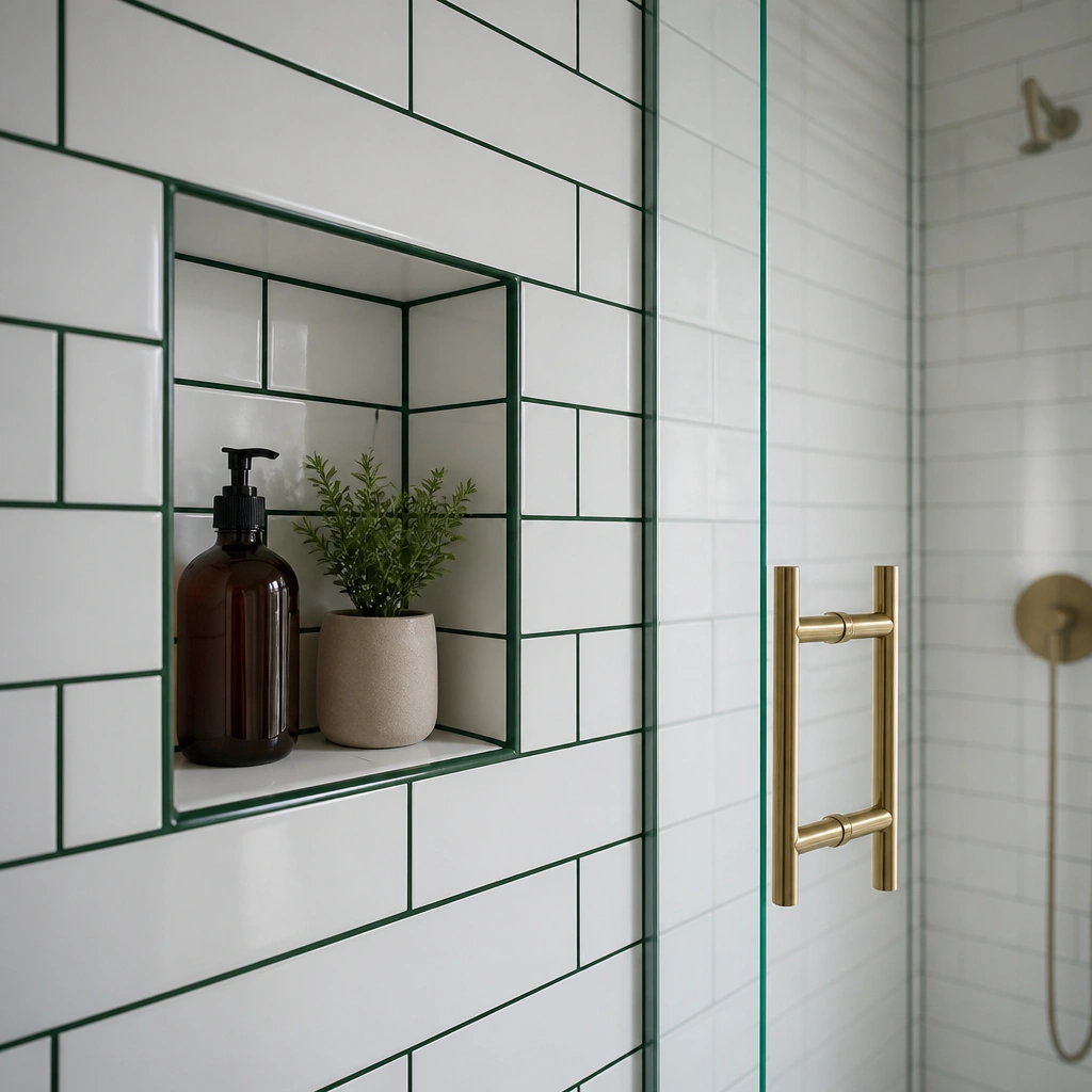 Close-up of white subway tile with newly regrouted lines in deep green, crisp edges around a shower niche, and a frameless glass door.