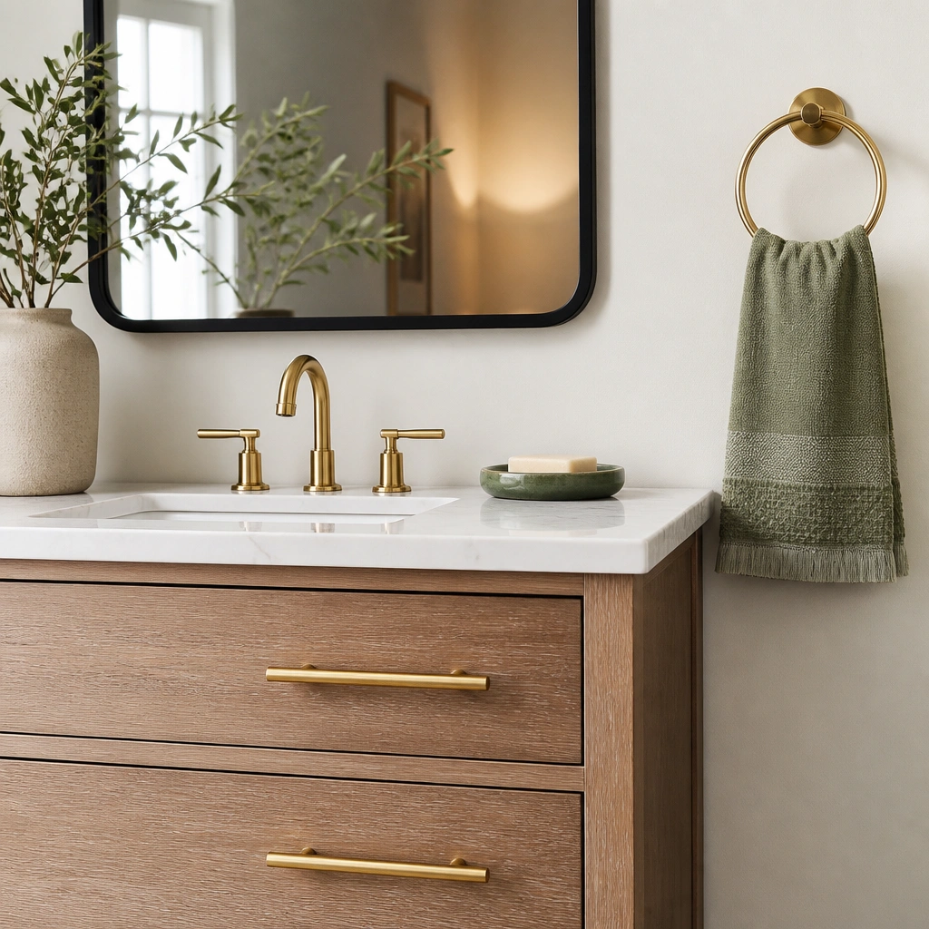 A vanity drawer with new brushed brass pulls, a green ceramic soap dish, a matching towel ring, and a simple black-framed mirror reflecting warm light.