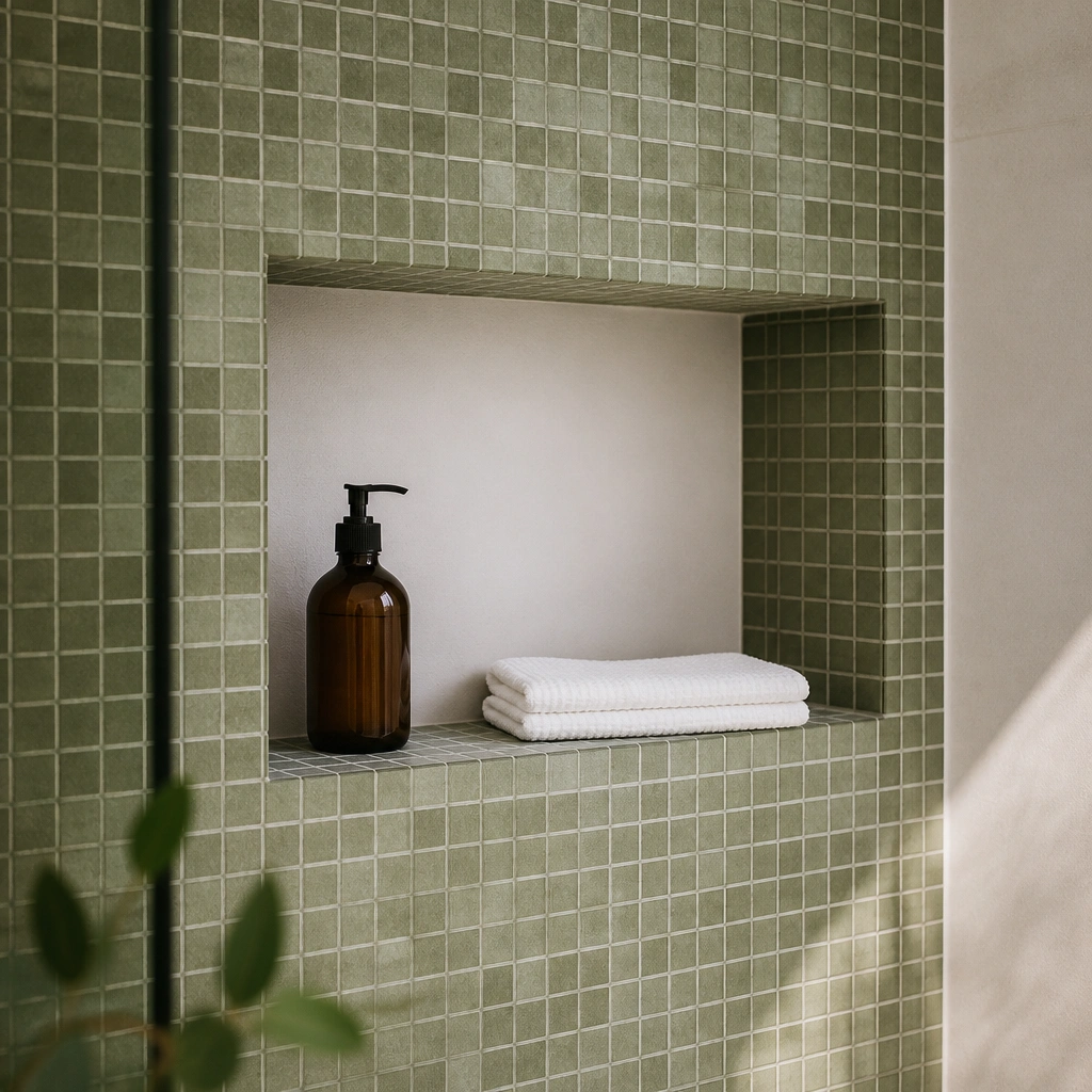 A shower niche with small green mosaic tiles, a clean white back wall, and a minimalist shelf holding a bottle and folded towel.